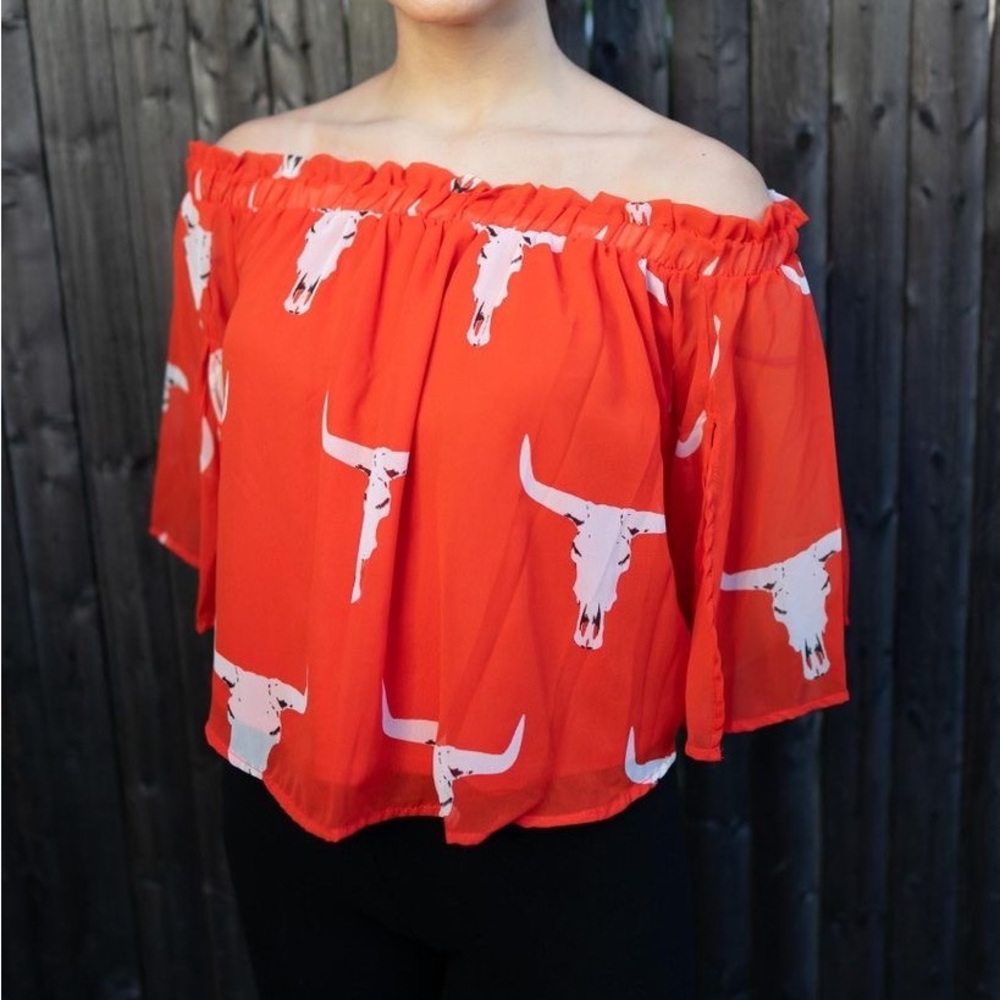 ❤️SOLD Peach Love California Cattle Skull Off The Shoulder Top, Red Orange, Ruf - Picture 2 of 16
